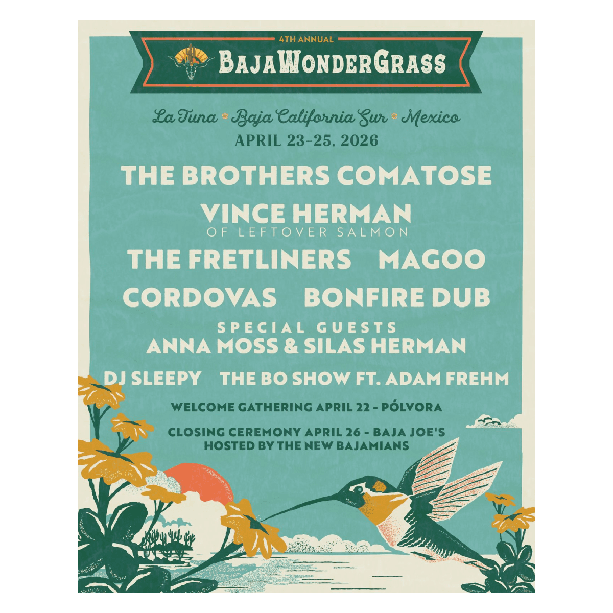 Poster for the 4th Annual Baja WonderGrass music festival featuring various artists and dates, set in Baja California Sur, Mexico.