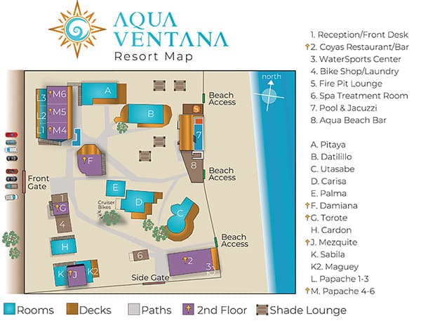 Map of Aqua Ventana resort showing room layouts, amenities, and beach access points.