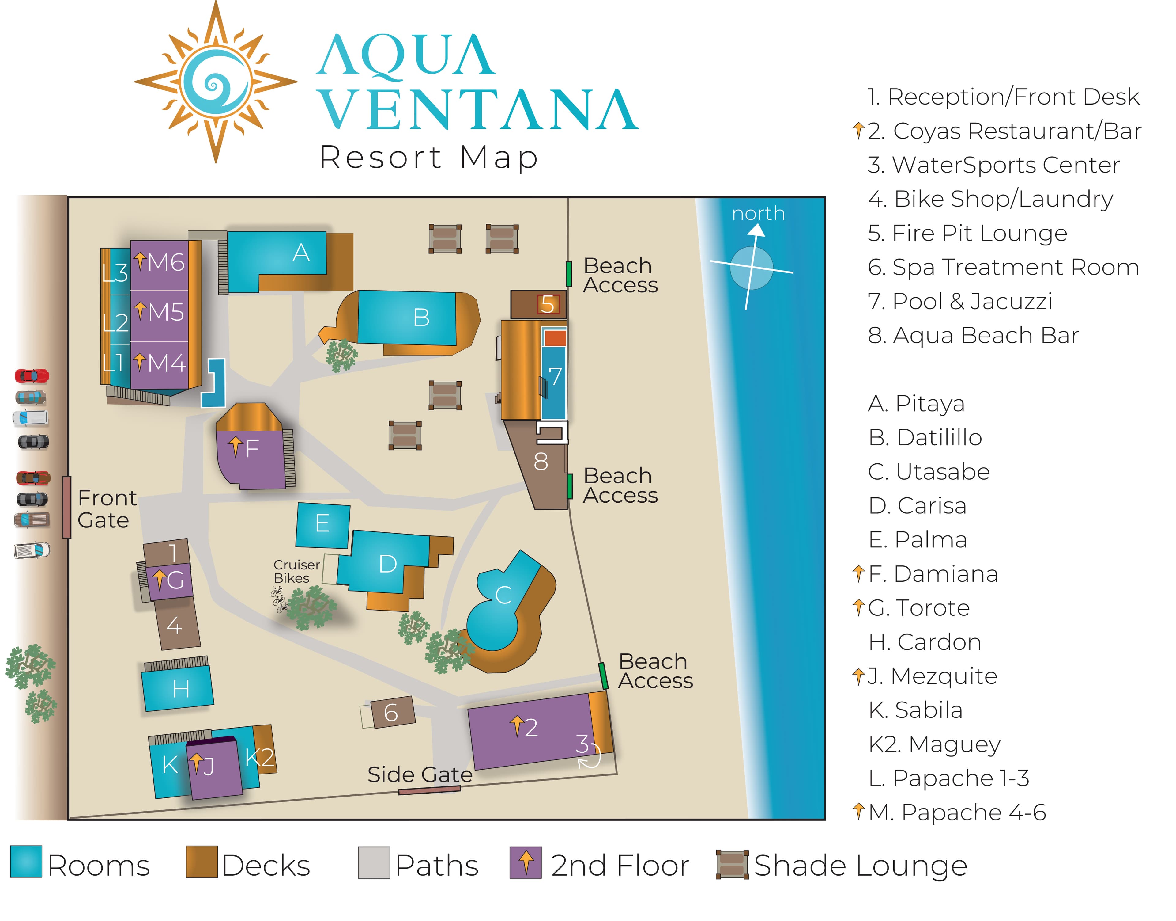 Aqua Ventana resort map detailing locations of amenities, rooms, and beach access.