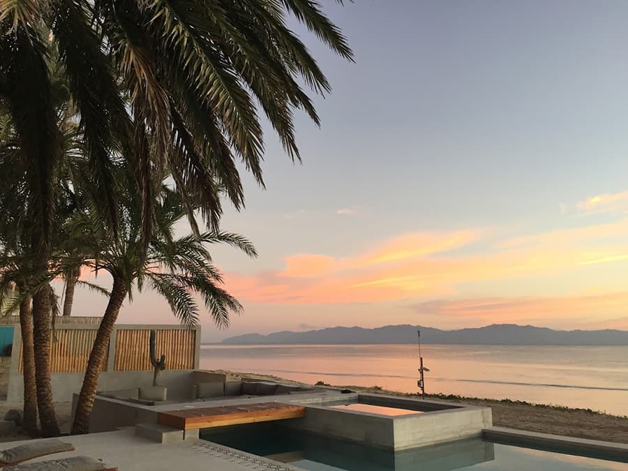 A serene beach scene at sunset with palm trees and calm waters.
