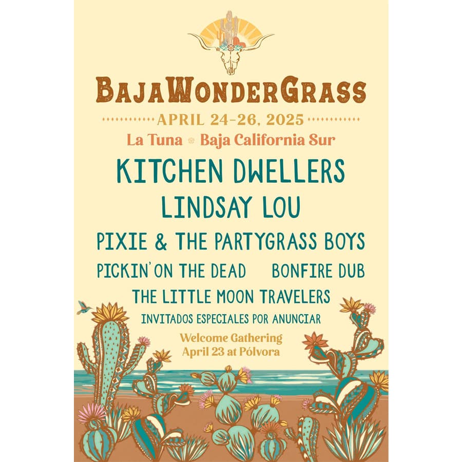 Event poster for Baja WonderGrass music festival featuring artist names and dates.