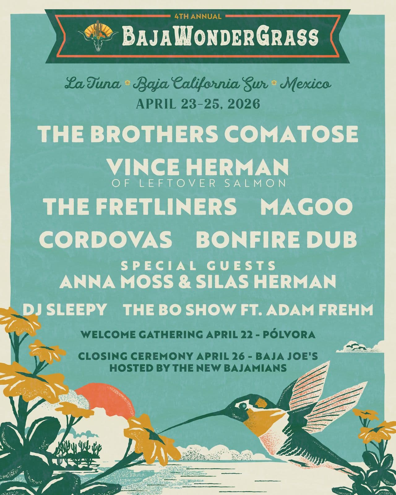 A colorful poster for the 4th Annual Baja WonderGrass Festival, featuring artists, event dates, and locations in Baja California Sur, Mexico.